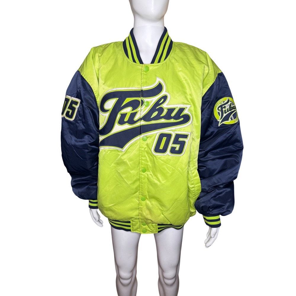 FUBU Varsity Bomber Jacket Men Large Lime Green Navy Blue 05 Embroidered Retro